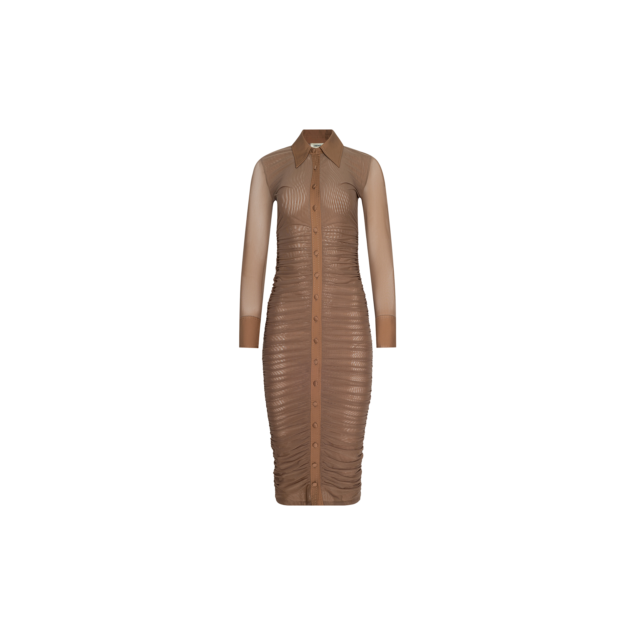 The Adriana Ruched Midi Dress, shown on a white background, is a brown, long-sleeve dress featuring a poplin collared neckline, button-down front, all-over ruched detailing, and a midi length.