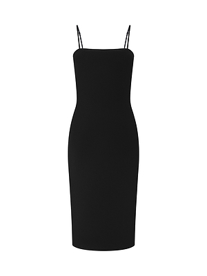 The Eira Midi Dress is a sleeveless black slip dress featuring super stretch ponte fabric, adjustable spaghetti straps, a straight neckline, and a fitted silhouette, shown on a plain white background.