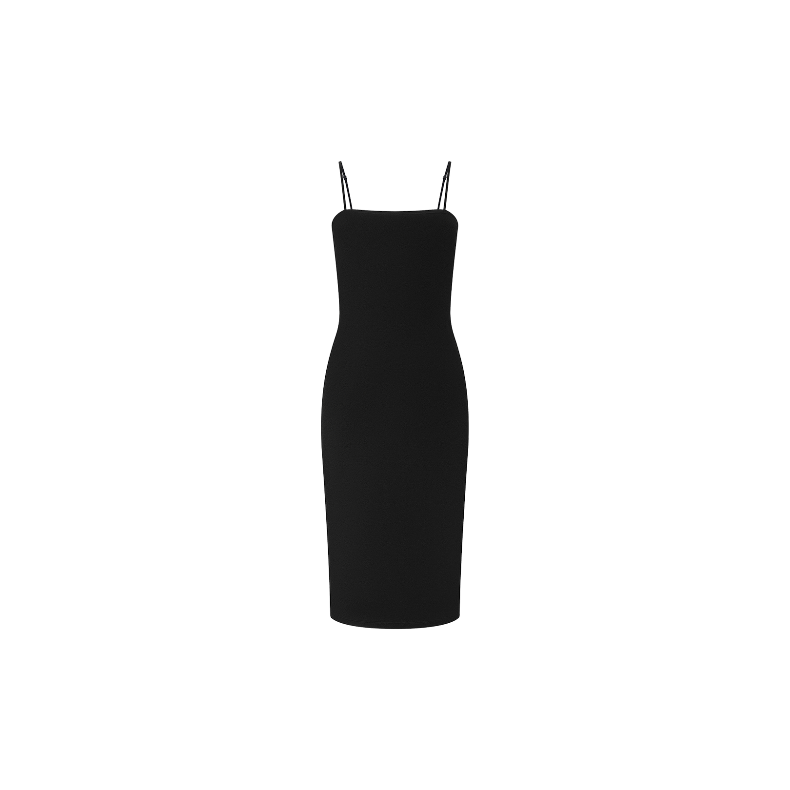 The Eira Midi Dress is a simple, sleeveless black slip dress made from super stretch ponte, featuring thin adjustable straps and a straight neckline, displayed on a plain white background.