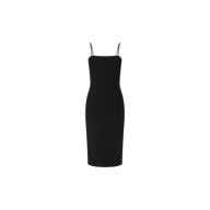 The Eira Midi Dress is a simple, sleeveless black slip dress made from super stretch ponte, featuring thin adjustable straps and a straight neckline, displayed on a plain white background.