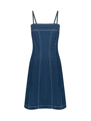 The Lorda Dress is a sleeveless blue stretch denim dress featuring adjustable spaghetti straps, a fitted bodice, flared skirt, and visible white seams, shown against a plain white background.