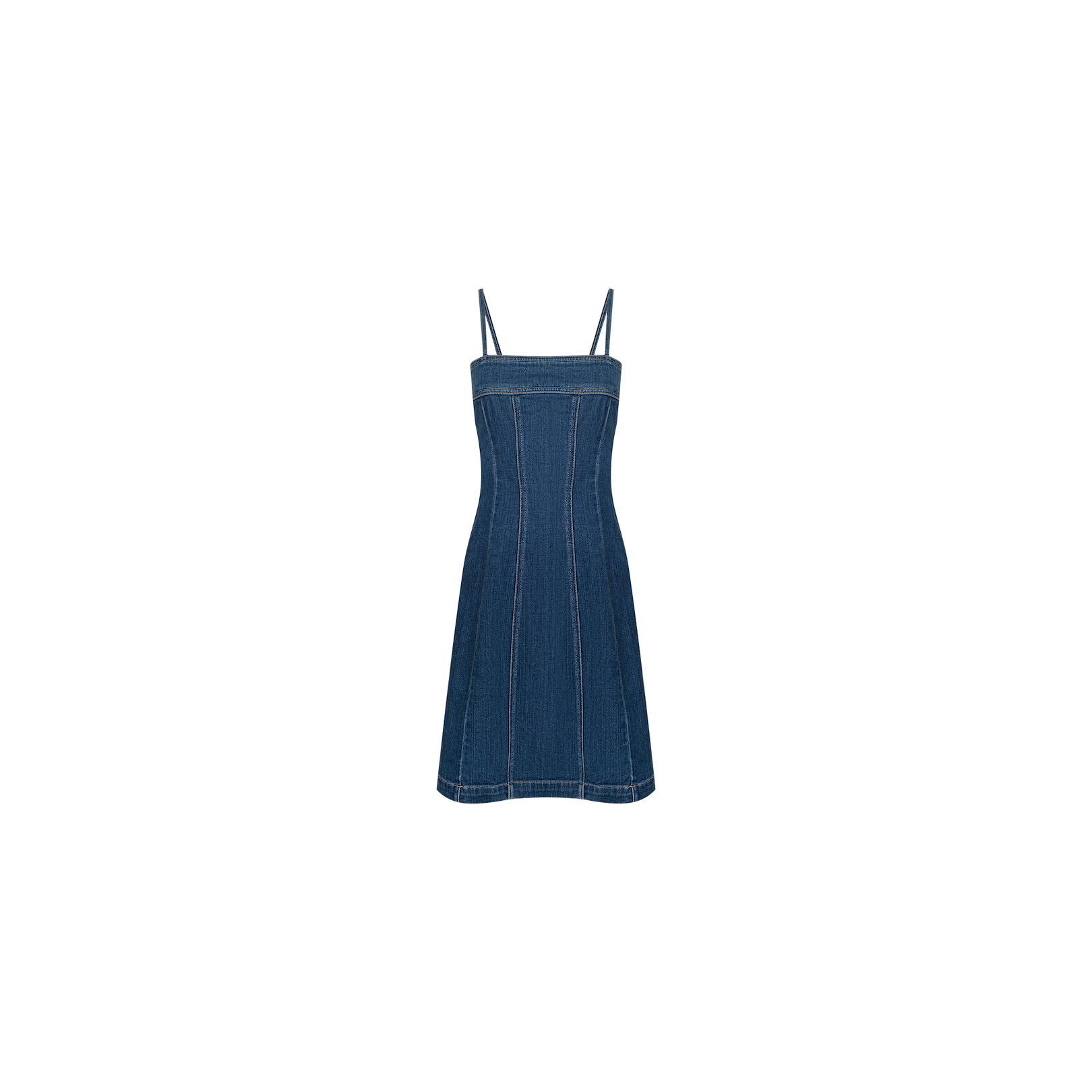 The Lorda Dress is a sleeveless, knee-length stretch denim dress featuring adjustable thin spaghetti straps and visible vertical seam lines, showcased against a plain white background.