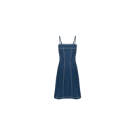 The Lorda Dress is a sleeveless, knee-length stretch denim dress featuring adjustable thin spaghetti straps and visible vertical seam lines, showcased against a plain white background.