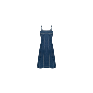 The Lorda Dress is crafted from blue stretch denim and features thin, adjustable spaghetti straps with a fitted bodice that flares slightly into an A-line, fit-and-flare skirt. Visible vertical seam detailing accentuates the design, and the dress is shown against a plain white background.