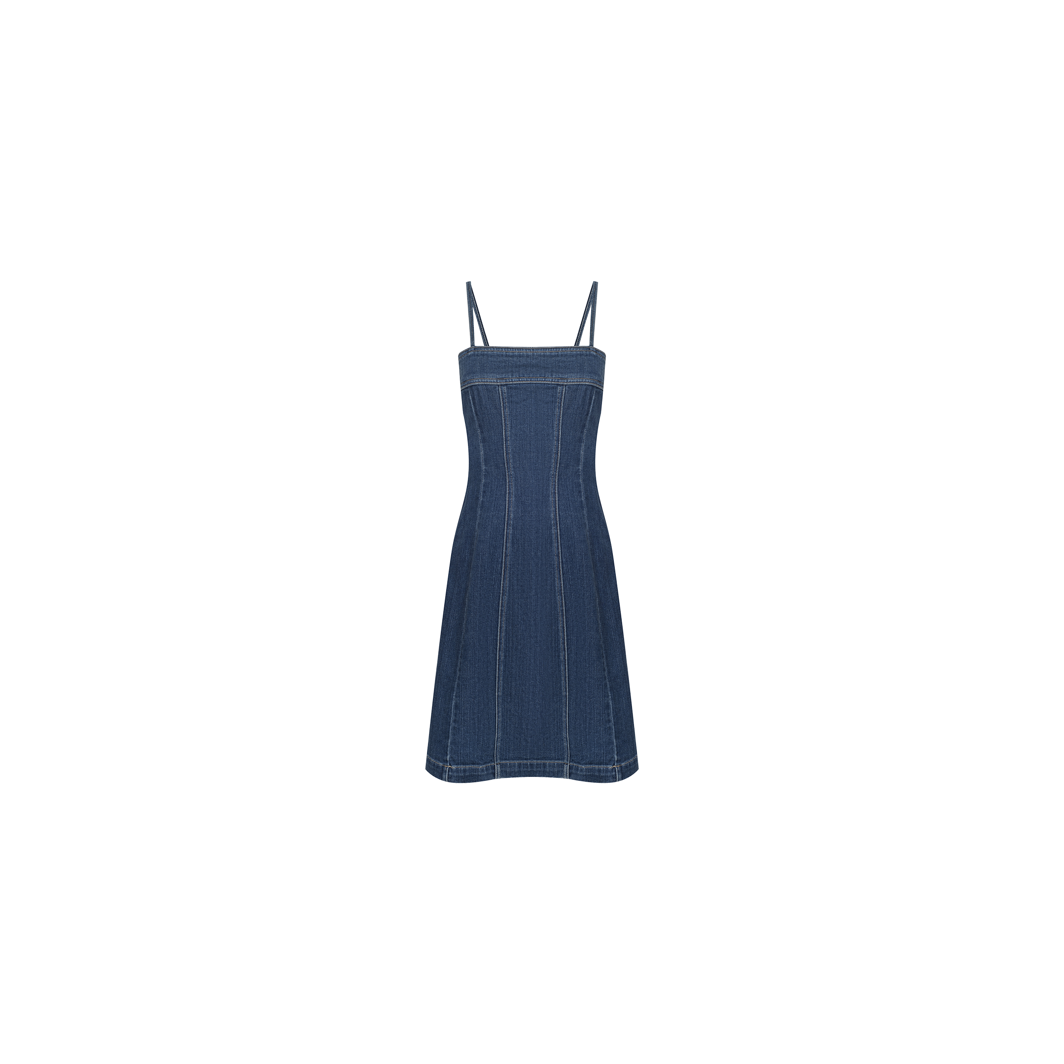 The Lorda Dress is a sleeveless, knee-length stretch denim dress featuring adjustable thin spaghetti straps and visible vertical seam lines, showcased against a plain white background.