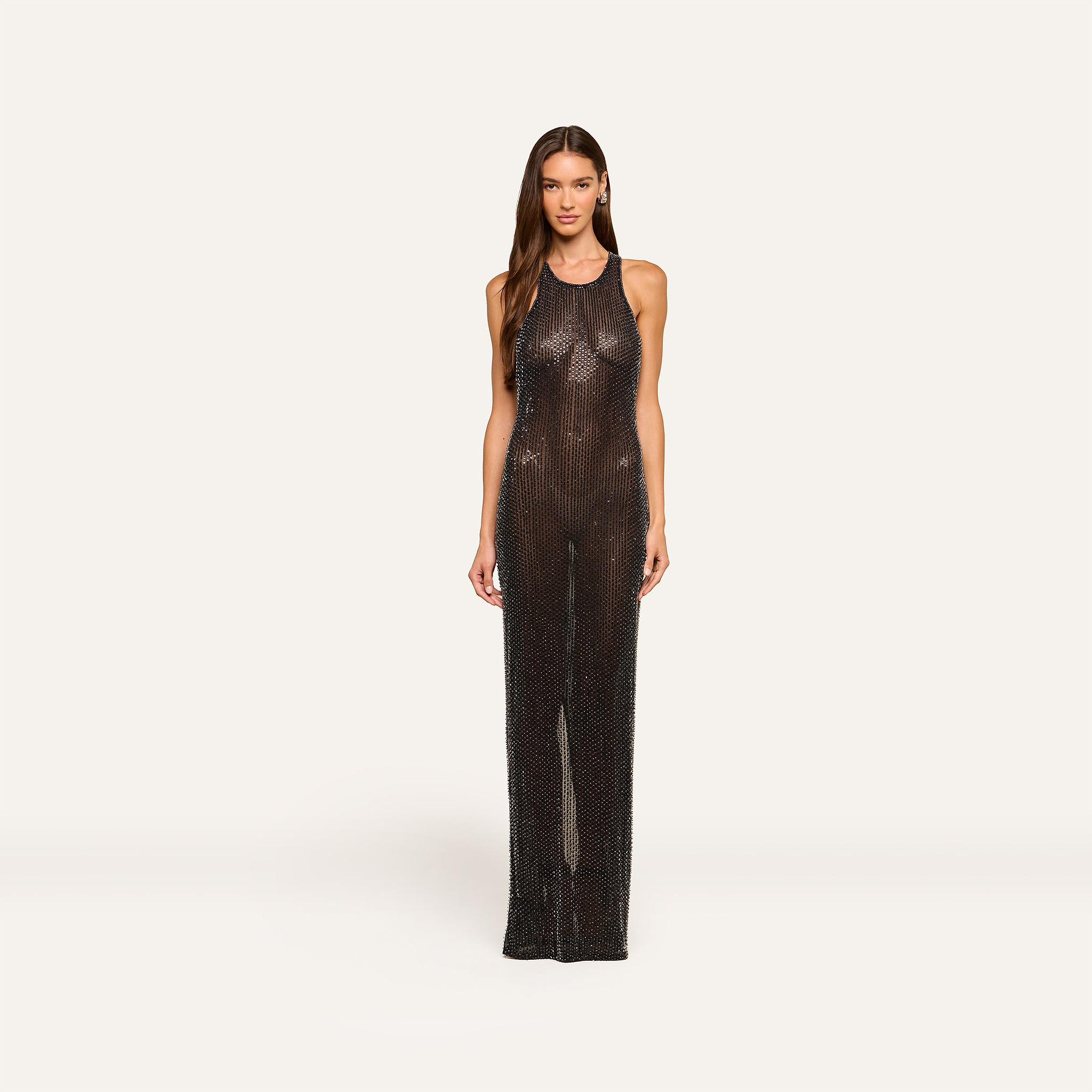A woman stands facing forward, wearing the Paula Gown—a floor-length sheer mesh dress with a subtle shimmer. The gown is adorned with sequin rhinestone embellishments, adding an elegant sparkle. She has long brown hair and a neutral expression, set against a plain light background.