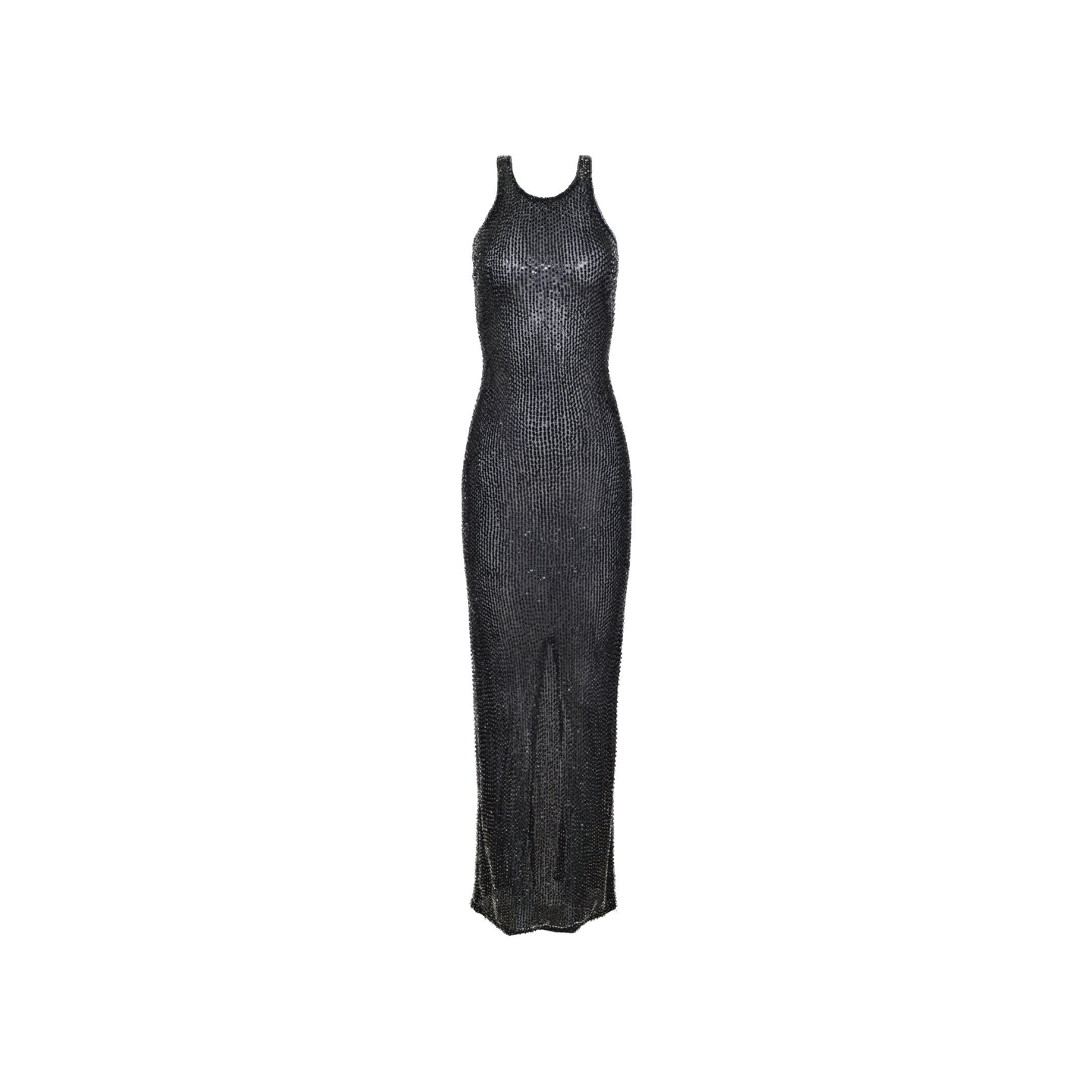 The Paula Gown is a sleeveless, floor-length black evening dress featuring a shimmering racerback design, high neckline, fitted silhouette, subtle textured pattern, and sequin rhinestone embellishments, shown against a plain white background.