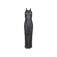 The Paula Gown is a sleeveless, floor-length black evening dress featuring a shimmering racerback design, high neckline, fitted silhouette, subtle textured pattern, and sequin rhinestone embellishments, shown against a plain white background.