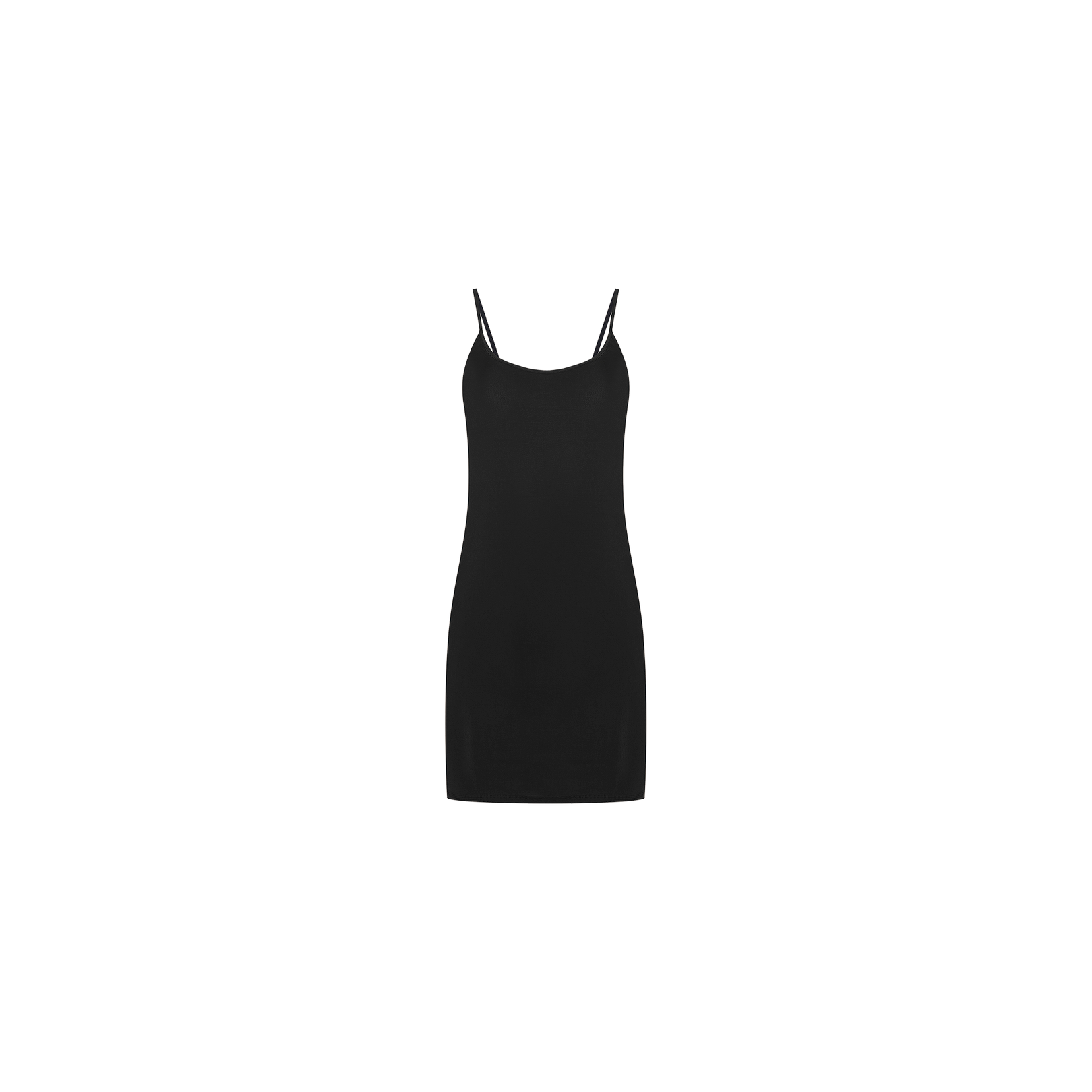 The Raye Slip Lining Dress is a simple black mini dress crafted from stretch jersey, featuring adjustable spaghetti straps, displayed against a plain white background.