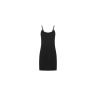 The Raye Slip Lining Dress is a simple black mini dress crafted from stretch jersey, featuring adjustable spaghetti straps, displayed against a plain white background.