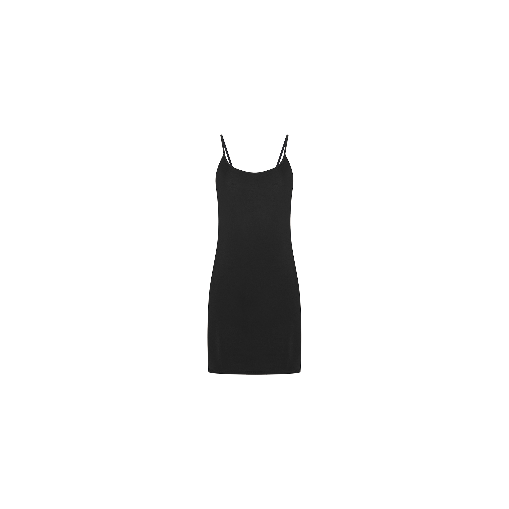 The Raye Slip Lining Dress is a simple black mini dress crafted from stretch jersey, featuring adjustable spaghetti straps, displayed against a plain white background.