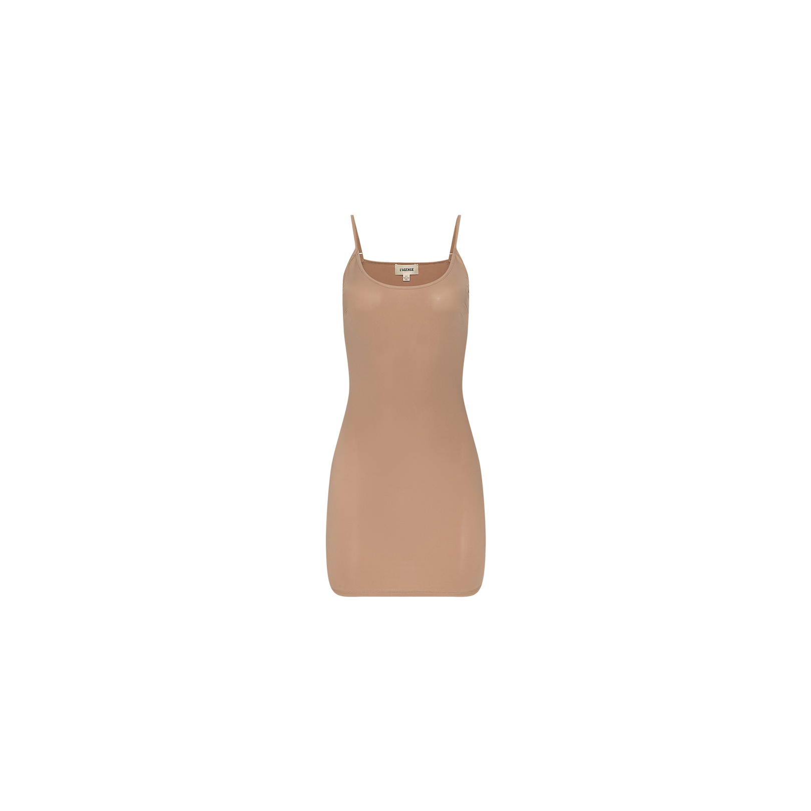 The Raye Slip Lining Dress is a nude-colored, sleeveless design made from stretch jersey, featuring thin adjustable straps and shown against a plain white background.