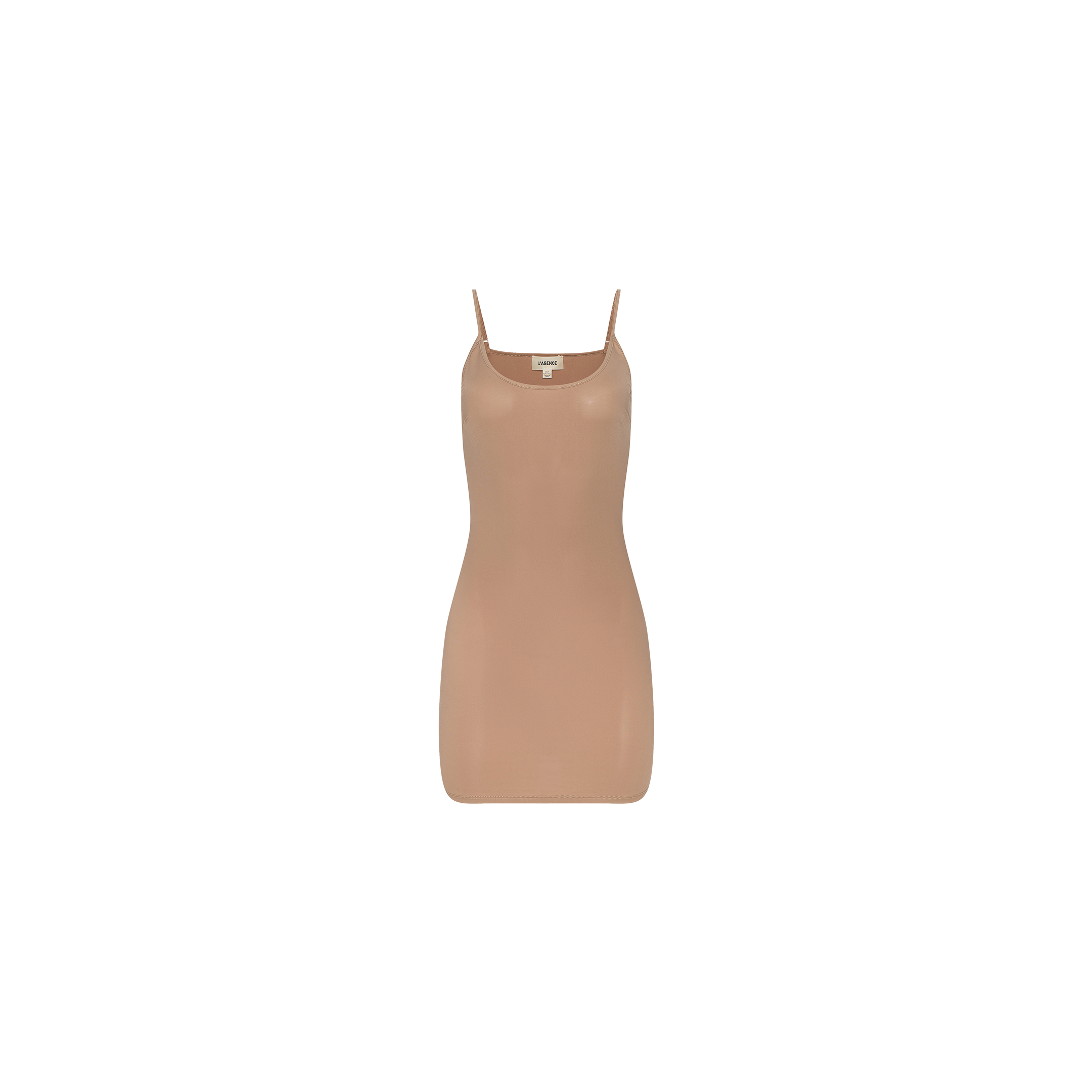 The Raye Slip Lining Dress is a nude-colored, sleeveless design made from stretch jersey, featuring thin adjustable straps and shown against a plain white background.