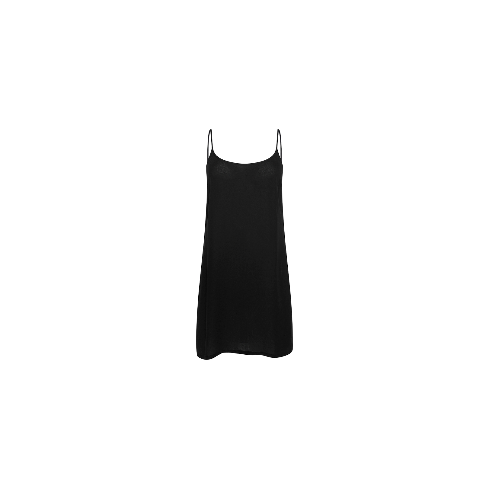 The Raye Slip Lining Dress is a plain black dress crafted from poly georgette, featuring thin adjustable straps and displayed on a white background.