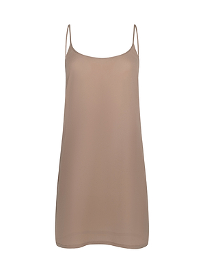 The Raye Slip Lining Dress is a sleeveless nude-beige slip with thin adjustable straps, a straight silhouette, and smooth lightweight poly georgette fabric, shown against a plain white background.