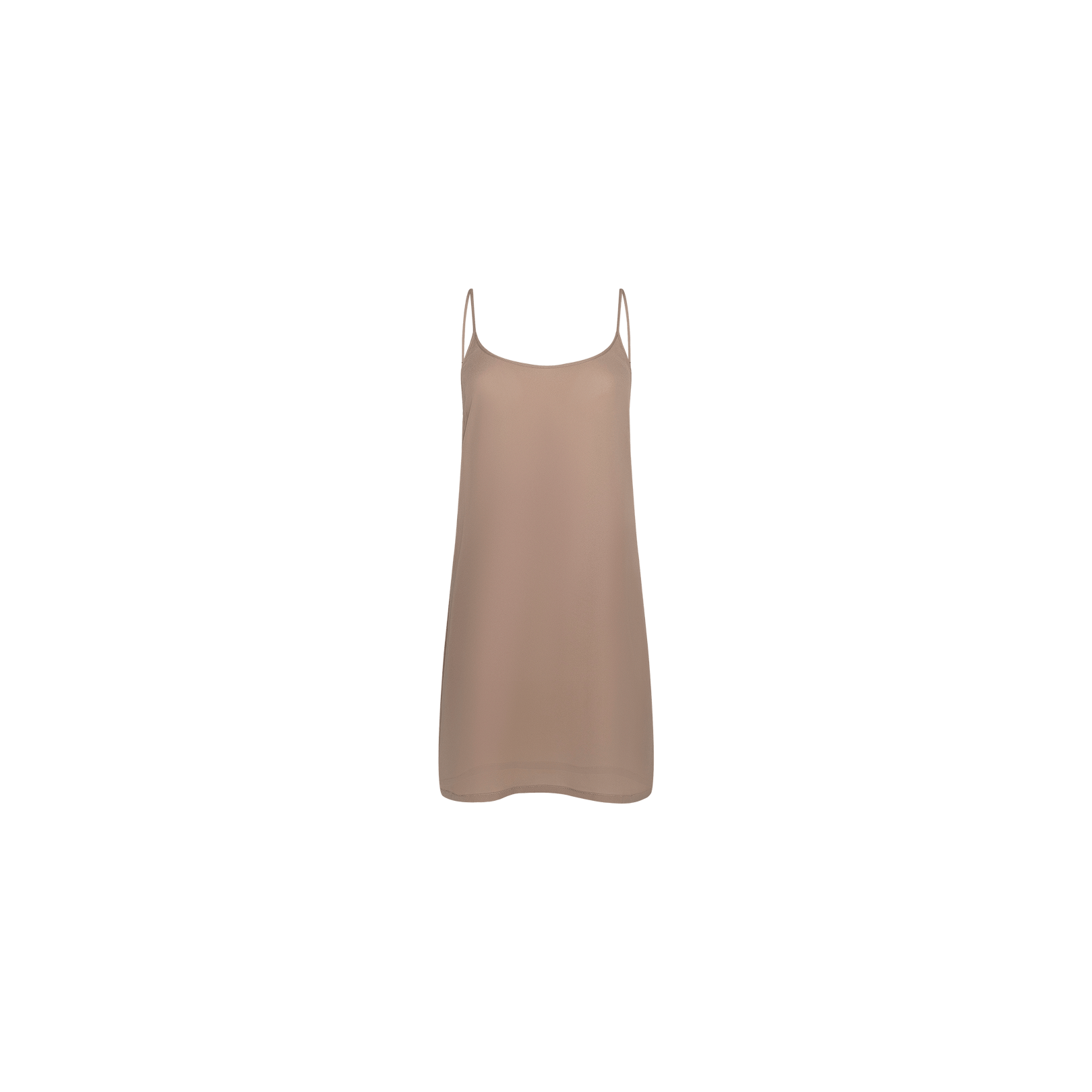 The Raye Slip Lining Dress, shown on a plain white background, is a beige slip dress crafted from poly georgette with thin adjustable spaghetti straps and a comfortable slip lining.