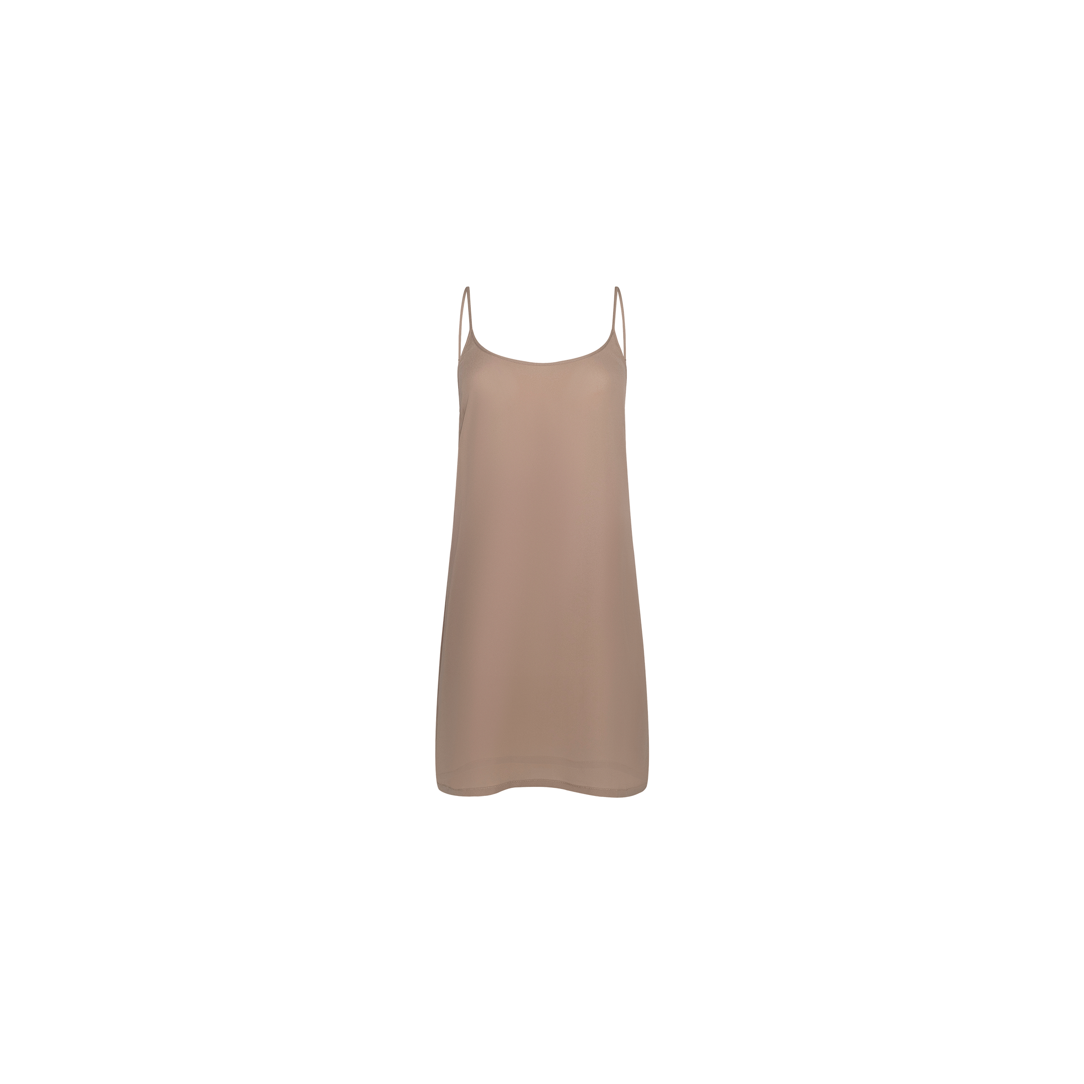 The Raye Slip Lining Dress, shown on a plain white background, is a beige slip dress crafted from poly georgette with thin adjustable spaghetti straps and a comfortable slip lining.