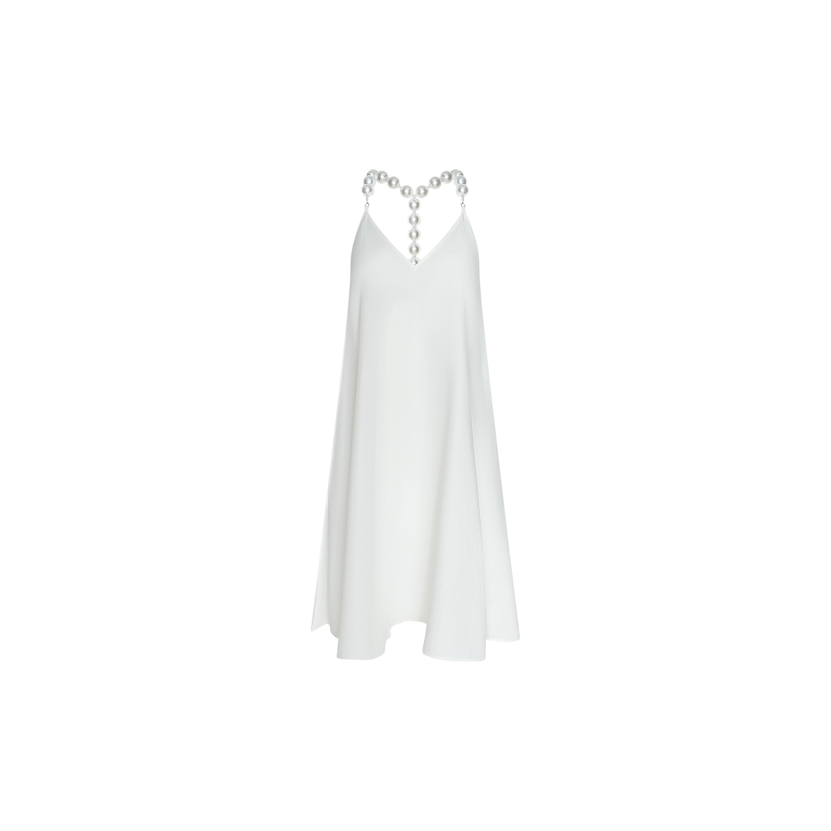 The Amora Pearl Strap Dress is a sleeveless, white minimalist shift dress crafted from a comfortable linen blend. It features a loose, flared silhouette and an elegantly simple design, with large round simulated pearl straps accentuating the neckline.