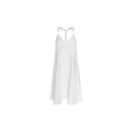 The Amora Pearl Strap Dress is a sleeveless, white minimalist shift dress crafted from a comfortable linen blend. It features a loose, flared silhouette and an elegantly simple design, with large round simulated pearl straps accentuating the neckline.