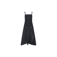 The Ayela Midi Dress is a sleeveless black midi dress with a square neckline, fitted bodice, and flared skirt, featuring two large front pockets with buttoned flaps.