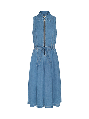 The Kieran Jean Shirt Dress is a sleeveless, blue featherweight denim dress with a collar, front zipper, fitted bodice, waist tie belt, and a knee-length subtly A-line skirt.