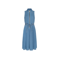 The Kieran Shirt Dress is a sleeveless blue denim design featuring a front zipper, collared neckline, and a matching tie belt at the waist. Crafted from featherweight denim, its knee-length A-line skirt adds effortless style for any occasion.