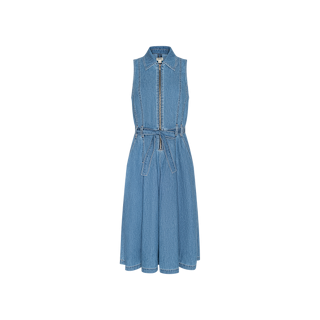 The Kieran Shirt Dress is a sleeveless blue denim design featuring a front zipper, collared neckline, and a matching tie belt at the waist. Crafted from featherweight denim, its knee-length A-line skirt adds effortless style for any occasion.