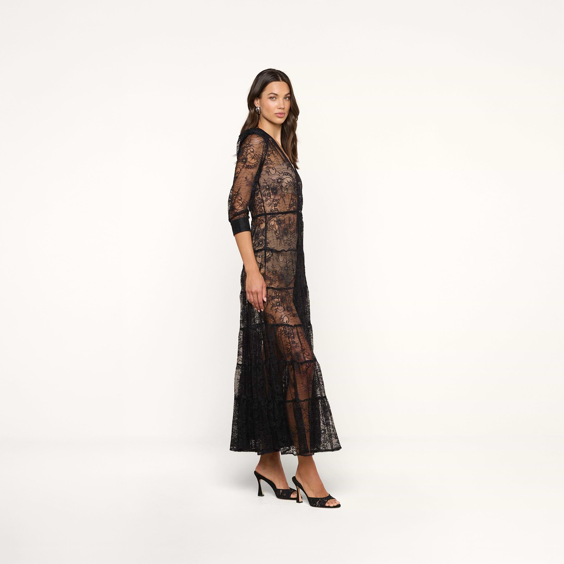 Seraphina Lace Tiered Maxi Dress in Black | L'AGENCE