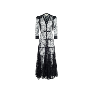 The Seraphina Lace Tiered Maxi Dress features long sleeves, a V-neckline, a fitted waist, and a flowing, floor-length skirt crafted from sheer black lace for an elegant and romantic touch, displayed on a white background.