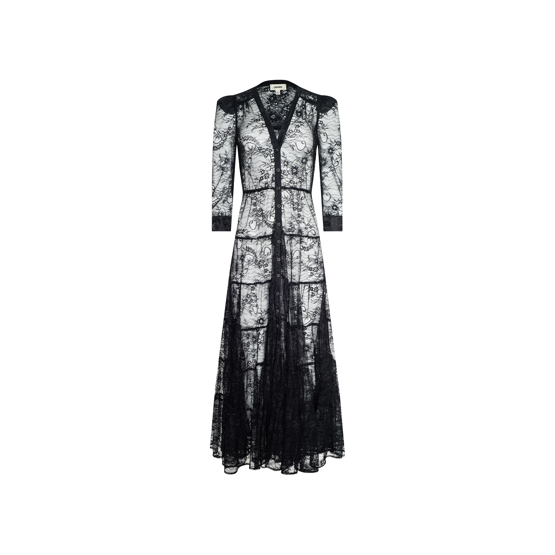 The Seraphina Lace Tiered Maxi Dress is a long-sleeved, floor-length black dress crafted from sheer lace. It features a deep V-neckline, a fitted waist, and intricate floral lace detailing throughout. The dress is designed with tiered layers and a flowing, semi-sheer skirt, all beautifully displayed against a plain white background.