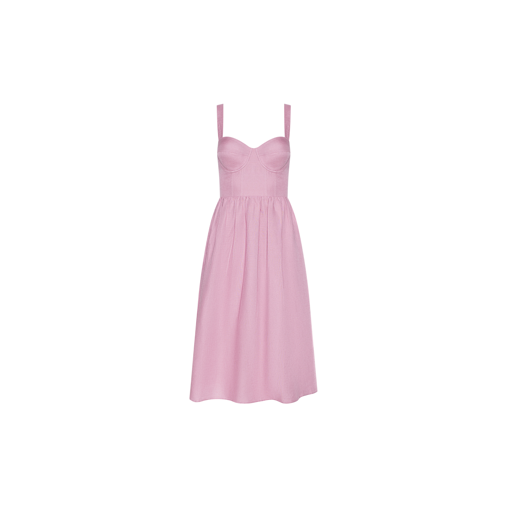 The Tiani Bustier Dress is a light pink, sleeveless, knee-length linen dress featuring a fitted bodice and two wide shoulder straps, displayed against a plain white background.