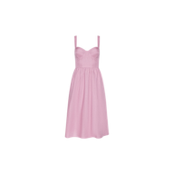 The Tiani Bustier Dress is a light pink, sleeveless, knee-length linen dress featuring a fitted bodice and two wide shoulder straps, displayed against a plain white background.
