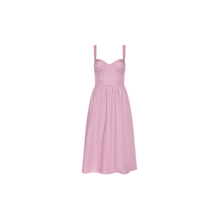 The Tiani Bustier Dress is a light pink sleeveless linen-blend dress with a fitted bodice, sweetheart neckline, flared skirt, and structured cups, displayed on a plain white background.