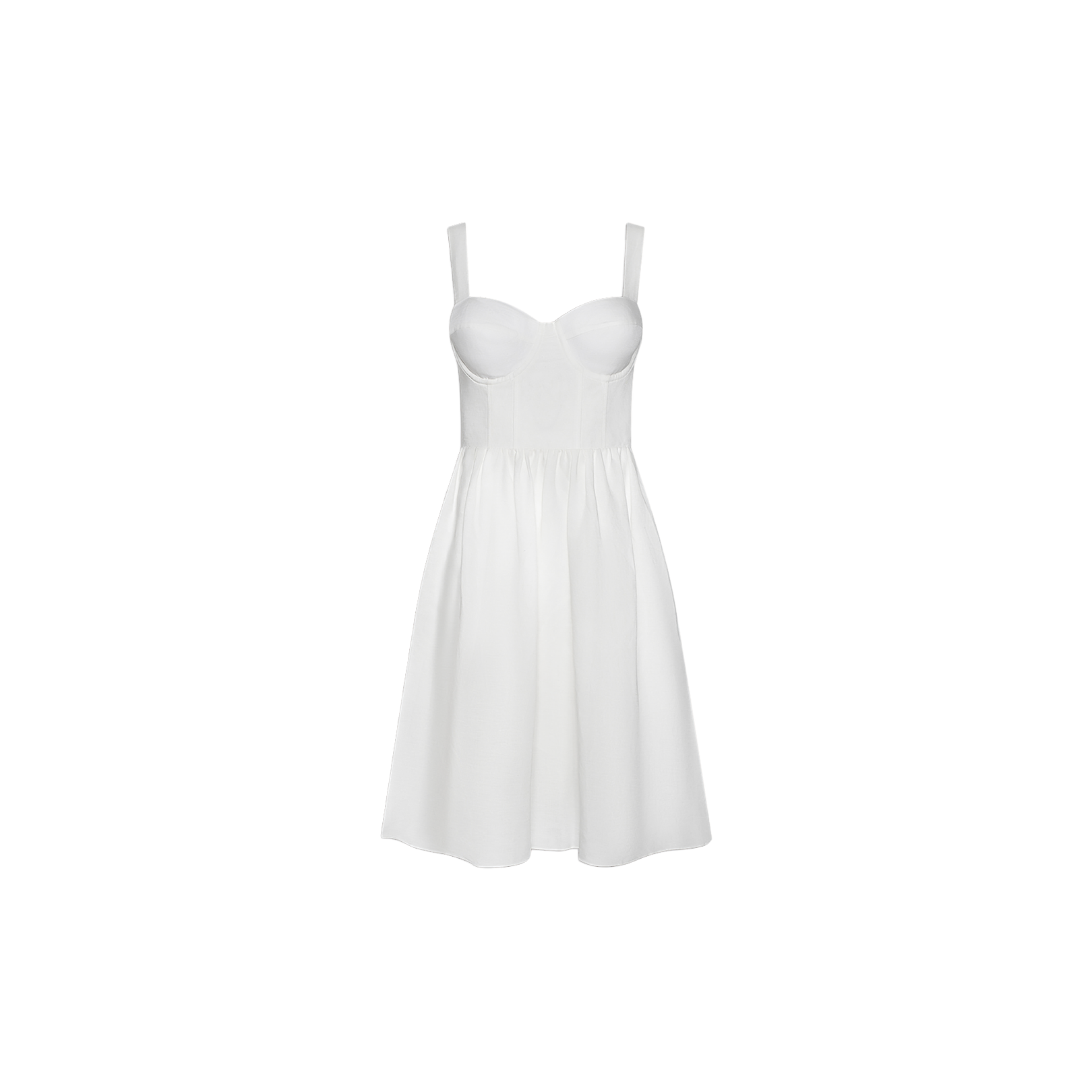 Tiani Bustier Dress: A white sleeveless summer dress with wide straps, a fitted bodice featuring underwire cups, and a flared skirt, displayed on a plain white background.