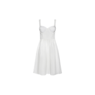 Tiani Bustier Dress: A white sleeveless summer dress with wide straps, a fitted bodice featuring underwire cups, and a flared skirt, displayed on a plain white background.