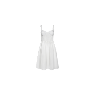 The Tiani Bustier Dress is a sleeveless white summer dress featuring a fitted bodice with underwire cups and a flared skirt, displayed on a plain white background.
