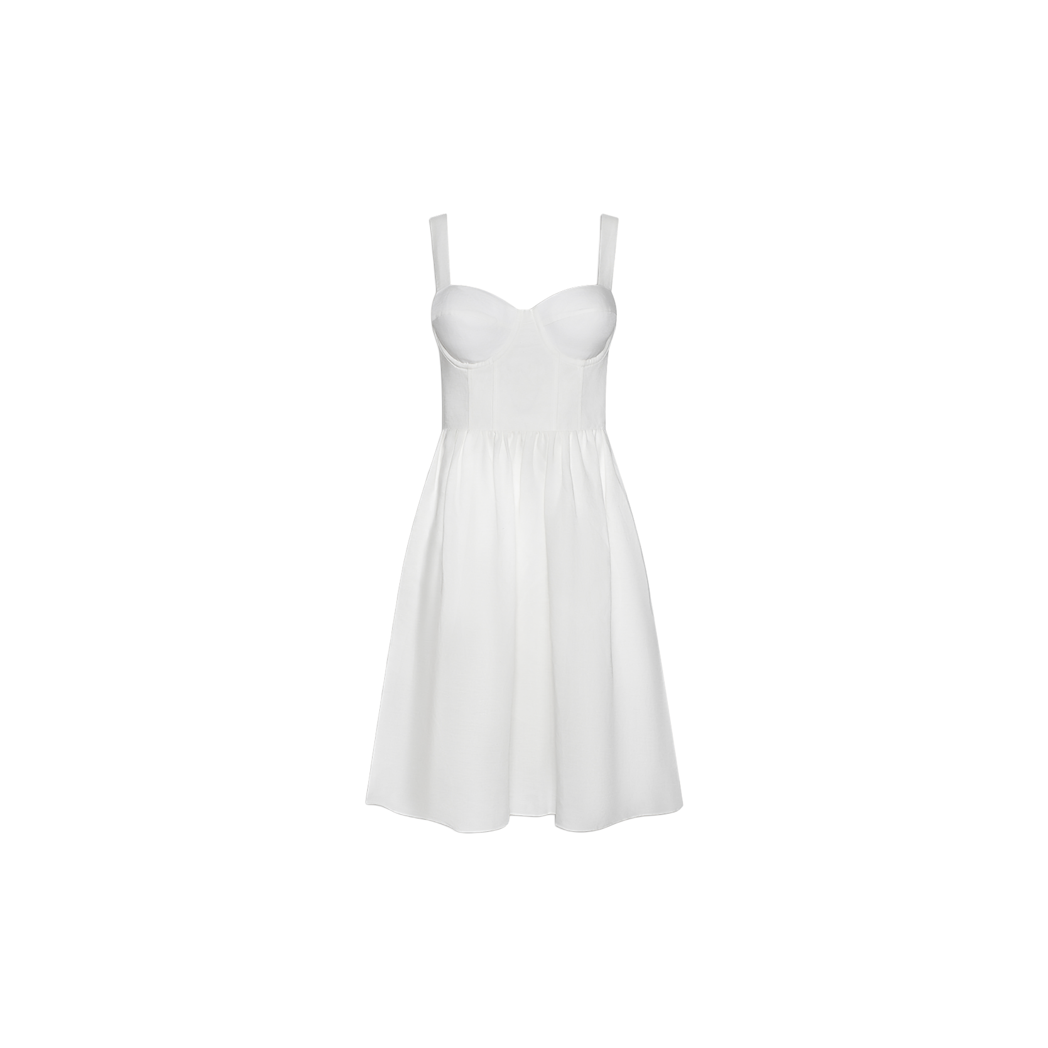 Tiani Bustier Dress: A white sleeveless summer dress with wide straps, a fitted bodice featuring underwire cups, and a flared skirt, displayed on a plain white background.