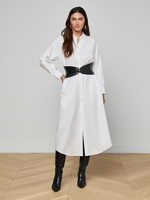 white shirt dress with brown belt Classic White Knee-Length Shirt Dress