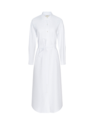 The Ridley Shirt Dress is a long-sleeved, white organic cotton shirt dress featuring a collar and matching fabric belt at the waist, shown on a plain white background.