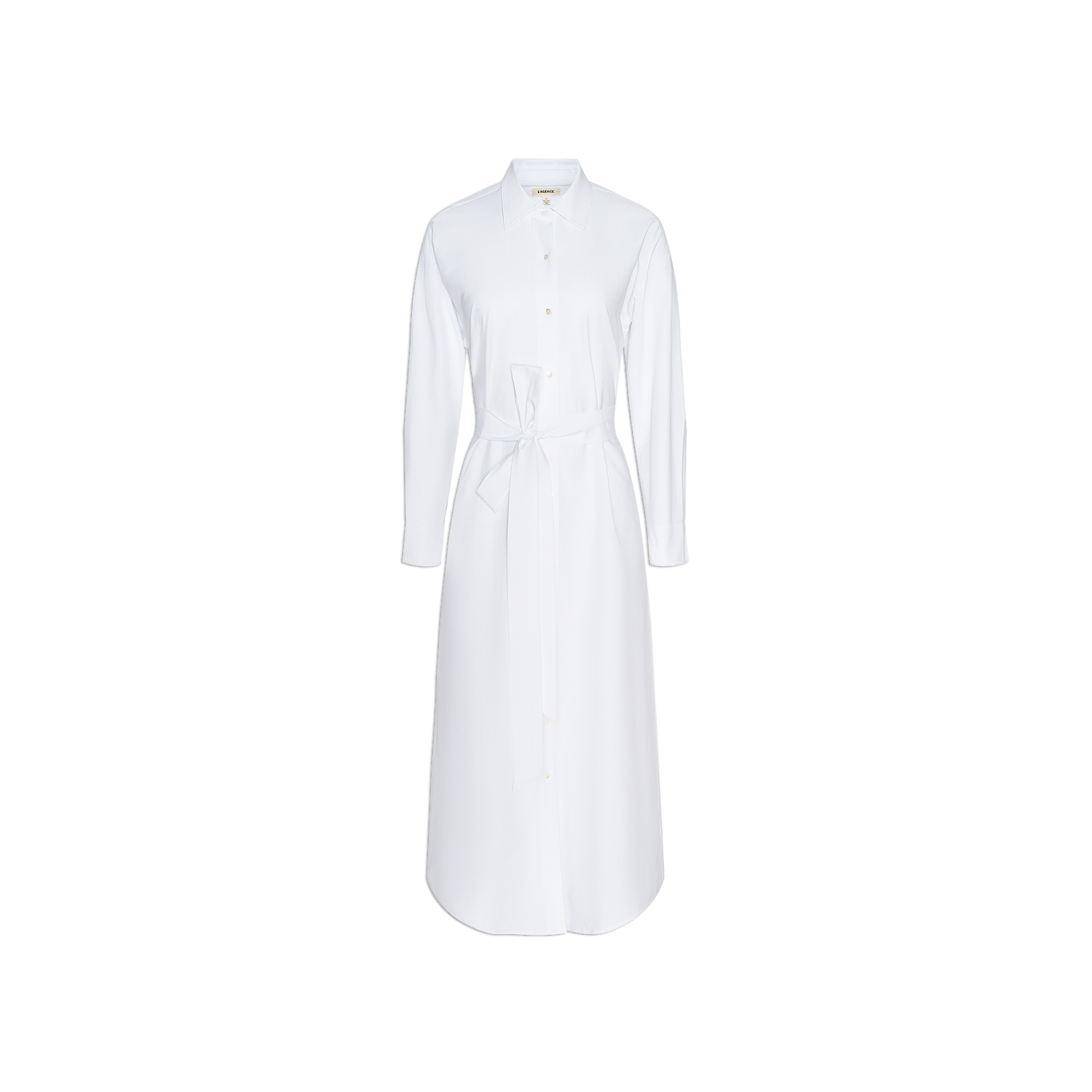 The Ridley Shirt Dress, crafted from organic cotton in white, features long sleeves, a classic collar, a self-tie waist belt, and an oversized fit, displayed on a plain white background.