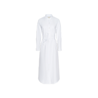 The Ridley Shirt Dress, crafted from organic cotton in white, features long sleeves, a classic collar, a self-tie waist belt, and an oversized fit, displayed on a plain white background.