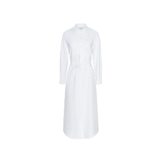 The Ridley Shirt Dress is a long-sleeve, oversized white shirt dress made from soft organic cotton, featuring a classic collar and a matching fabric belt tied at the waist. It is displayed against a plain white background.