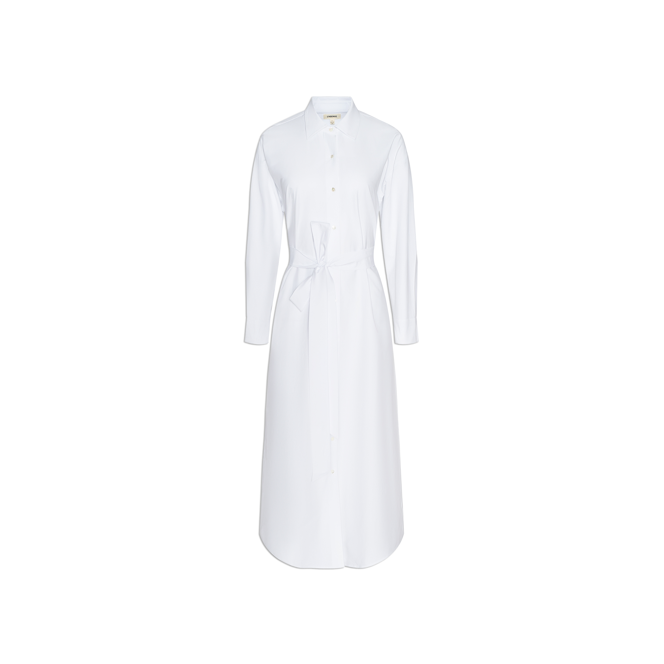The Ridley Shirt Dress, crafted from organic cotton in white, features long sleeves, a classic collar, a self-tie waist belt, and an oversized fit, displayed on a plain white background.