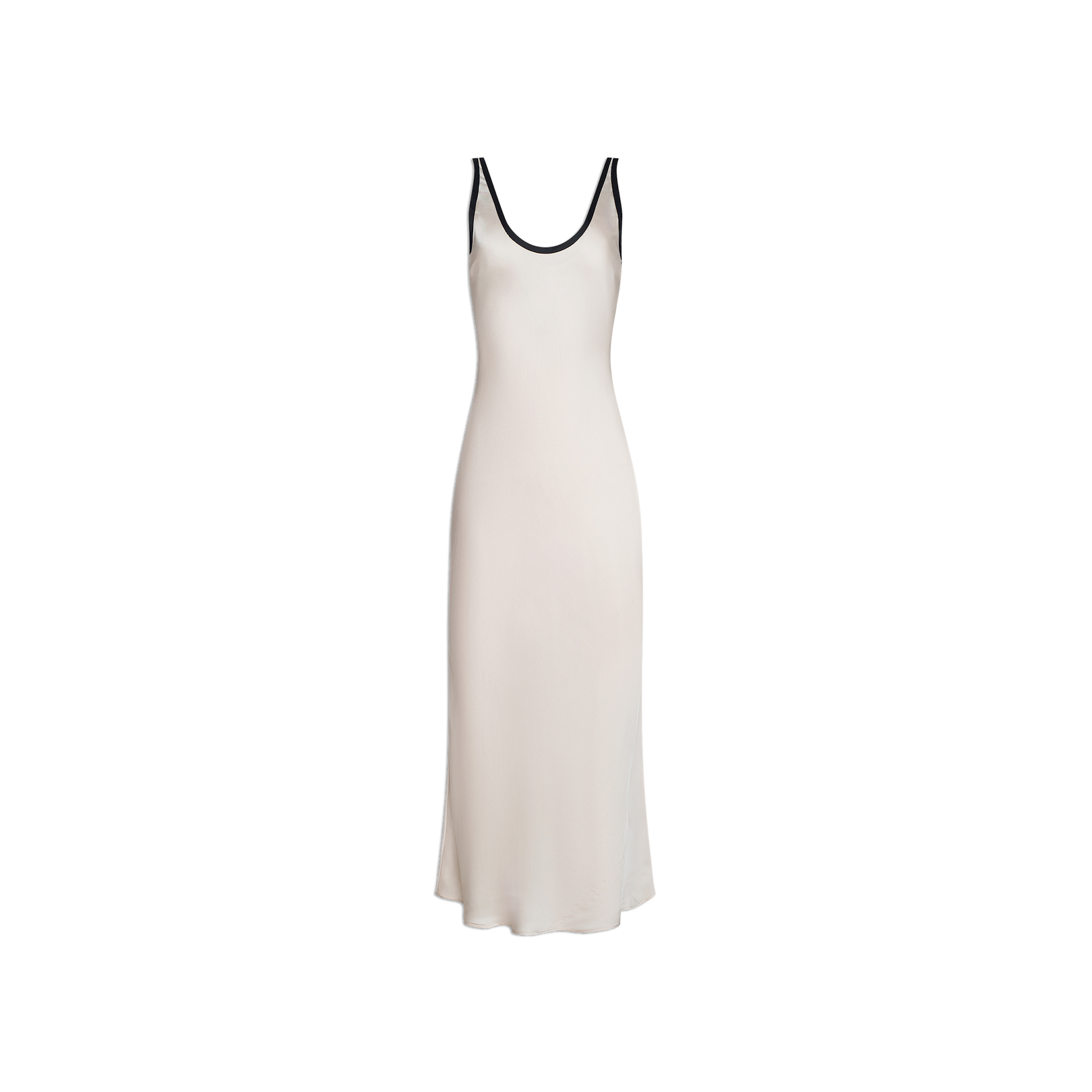 Introducing the Akiya Satin Maxi Dress: a sleeveless, ankle-length vintage white gown crafted in a flattering bias-cut satin design. It features a scoop neckline and is elegantly detailed with black trim along the straps and neckline, beautifully displayed against a plain white backdrop.