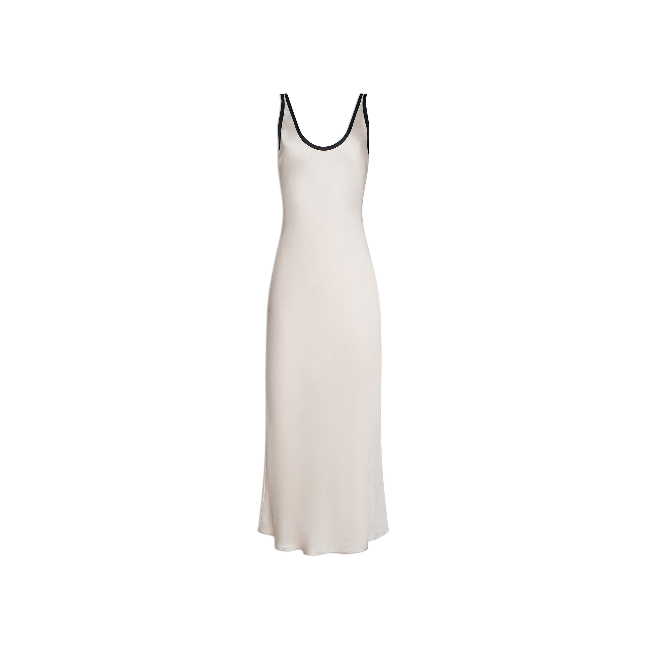 Introducing the Akiya Satin Maxi Dress: a sleeveless, ankle-length vintage white gown crafted in a flattering bias-cut satin design. It features a scoop neckline and is elegantly detailed with black trim along the straps and neckline, beautifully displayed against a plain white backdrop.