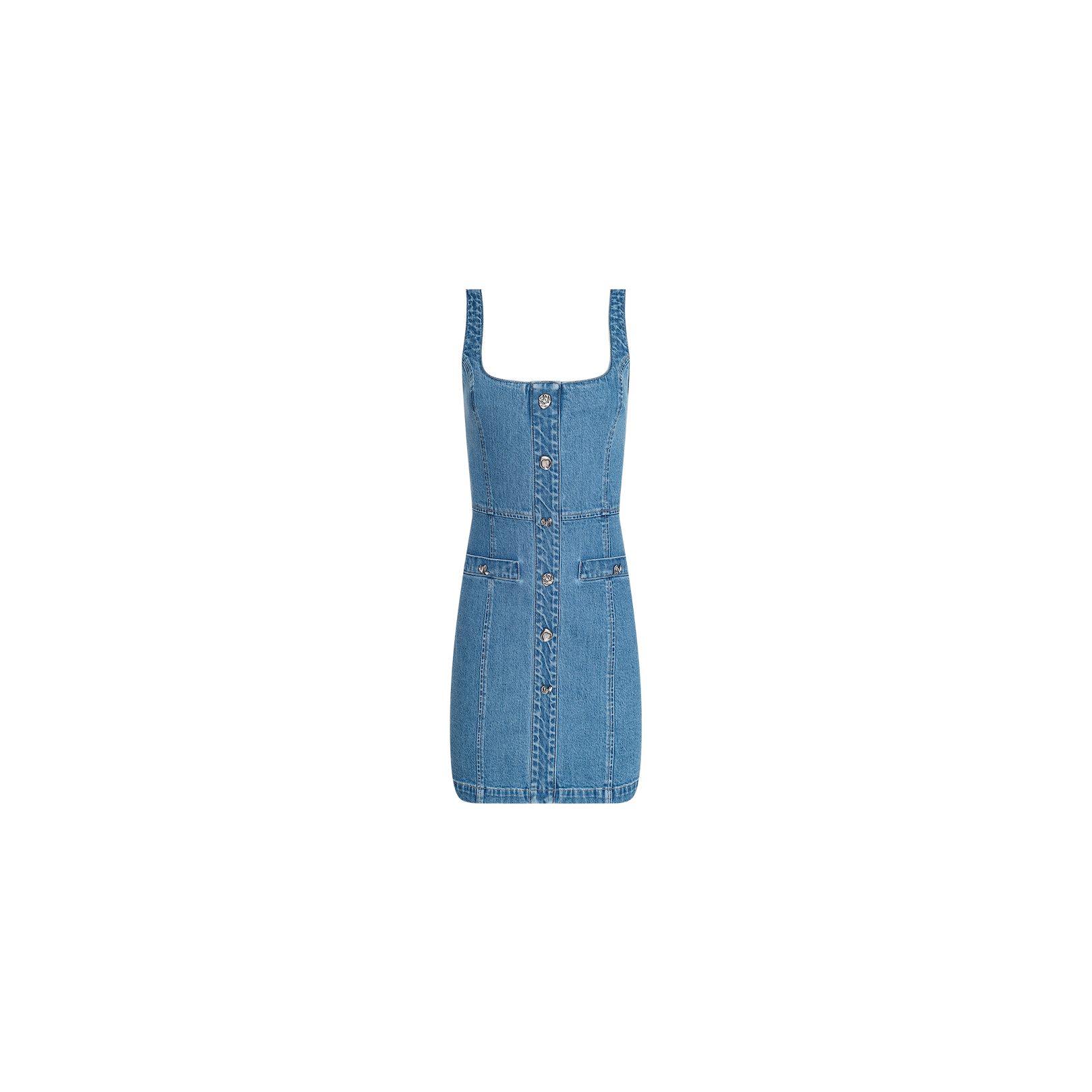The Vynna Dress is a sleeveless blue A-line mini dress by L’AGENCE, crafted from stretch denim and featuring front buttons, two chest pockets, and a square neckline, shown against a plain white background.