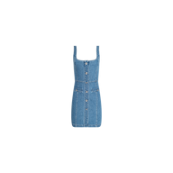 The Vynna Dress is a sleeveless blue A-line mini dress by L’AGENCE, crafted from stretch denim and featuring front buttons, two chest pockets, and a square neckline, shown against a plain white background.
