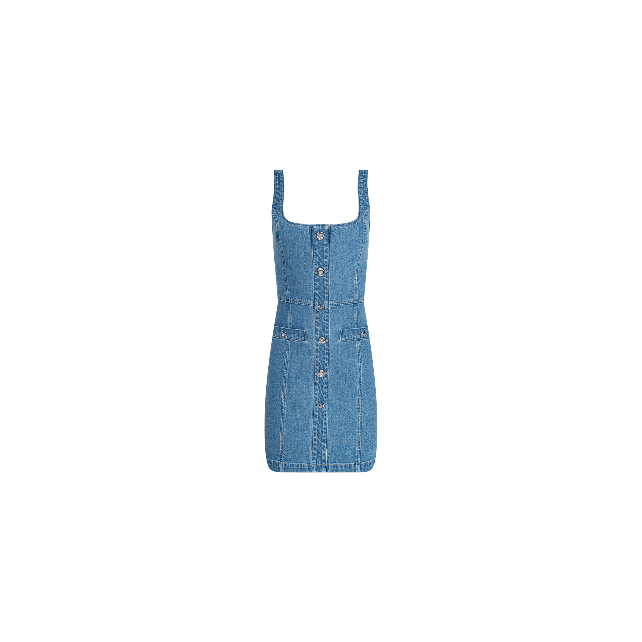 The Vynna Dress is a sleeveless blue A-line mini dress by L’AGENCE, crafted from stretch denim and featuring front buttons, two chest pockets, and a square neckline, shown against a plain white background.