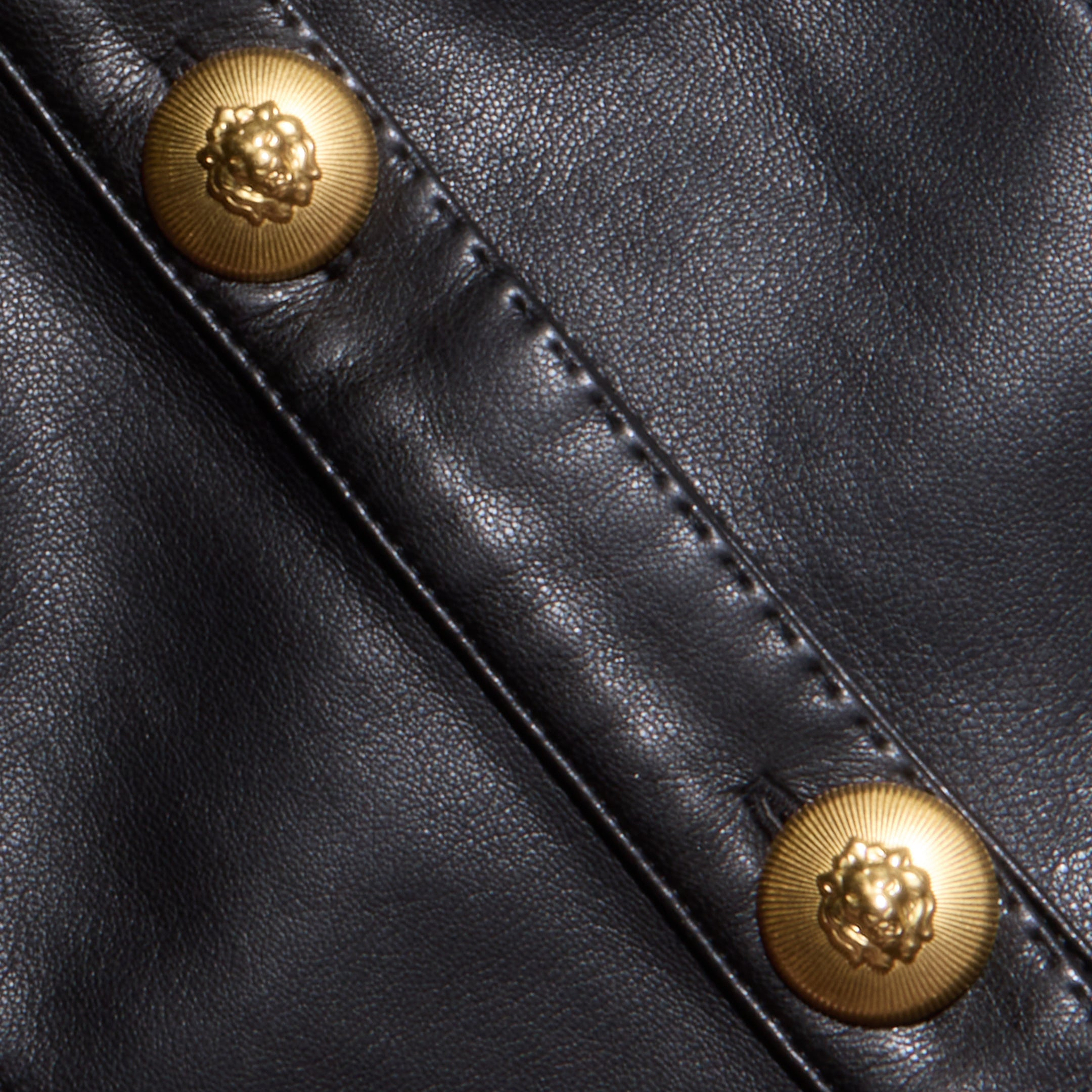 Close-up of the Apolline Vegan Leather Dress in black, showcasing two gold decorative buttons with a lion’s head design along a stitched seam running diagonally across the vegan leather fabric.