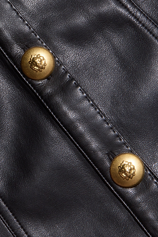 Close-up of the Apolline Vegan Leather Dress in black, highlighting its fabric and two gold lion’s head buttons stitched along parallel seams.